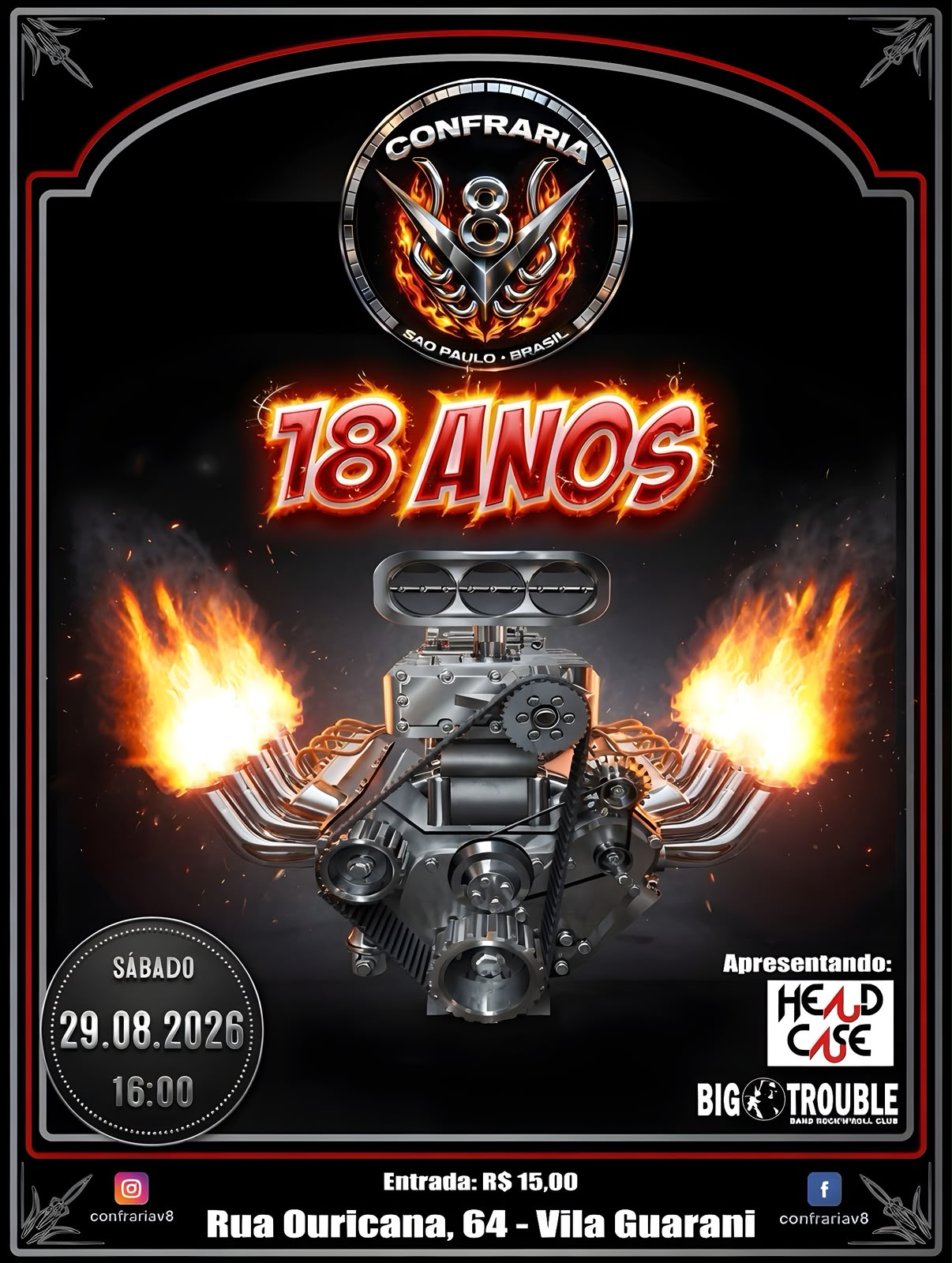 Banner da festa de 18 anos da Confraria V8 — sábado, 29/08/2026, 16h